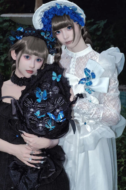 [Vorbestellschluss: 10. Monat, 14. Tag] Schwarz/Weißes Gothic-Lolita-Innentop aus transparenter Spitze mit langen Ärmeln