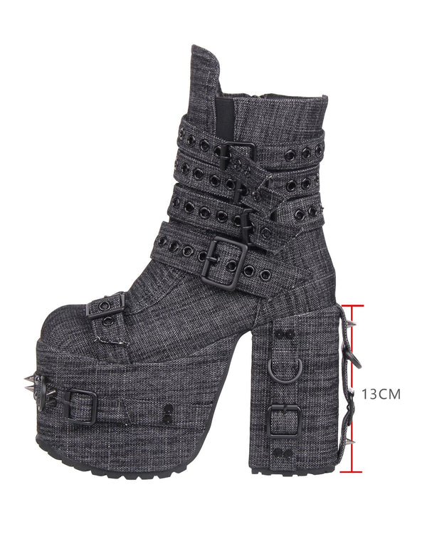 Punk Denim Chunky Heel Boots