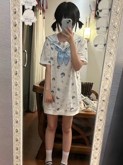 Seller Aqua Blue Tie Badge Print Dress