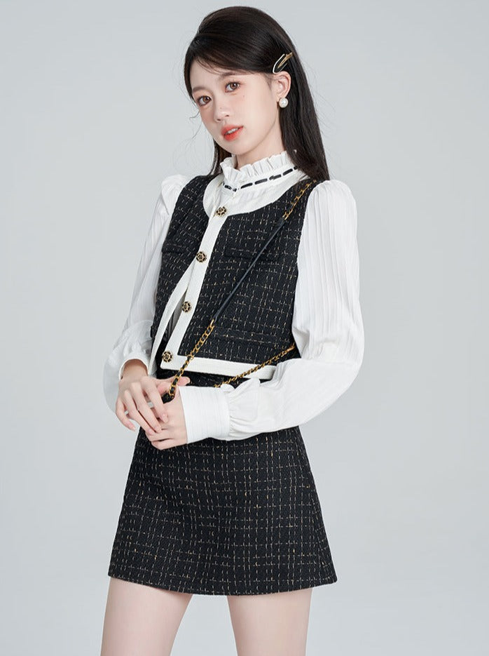 Tweed vest + tweed skirt + ruffle collar blouse