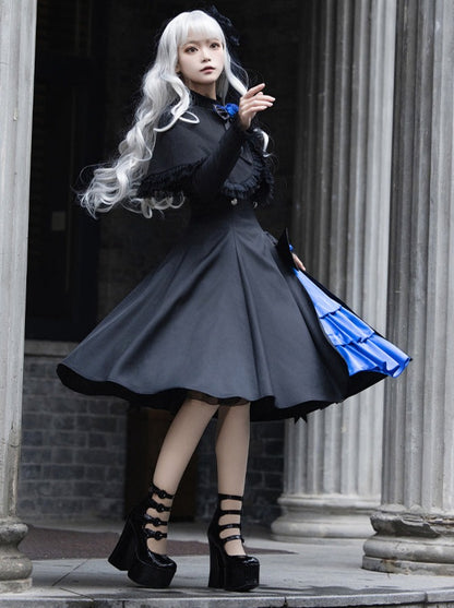 Gothic Frilly Slit Ruffle Big Dress + Cloak