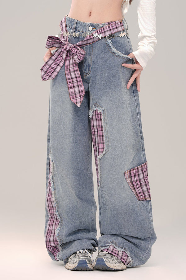 チェックパネルストレートワイドレッグパンツ