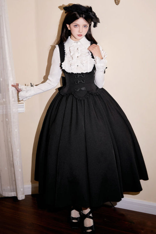 [Reservations] Dark Gothic Doll Long Suspender Lolita Skirt + Big Ribbon Tail + Ruffle Shirt + Ruffle Collar