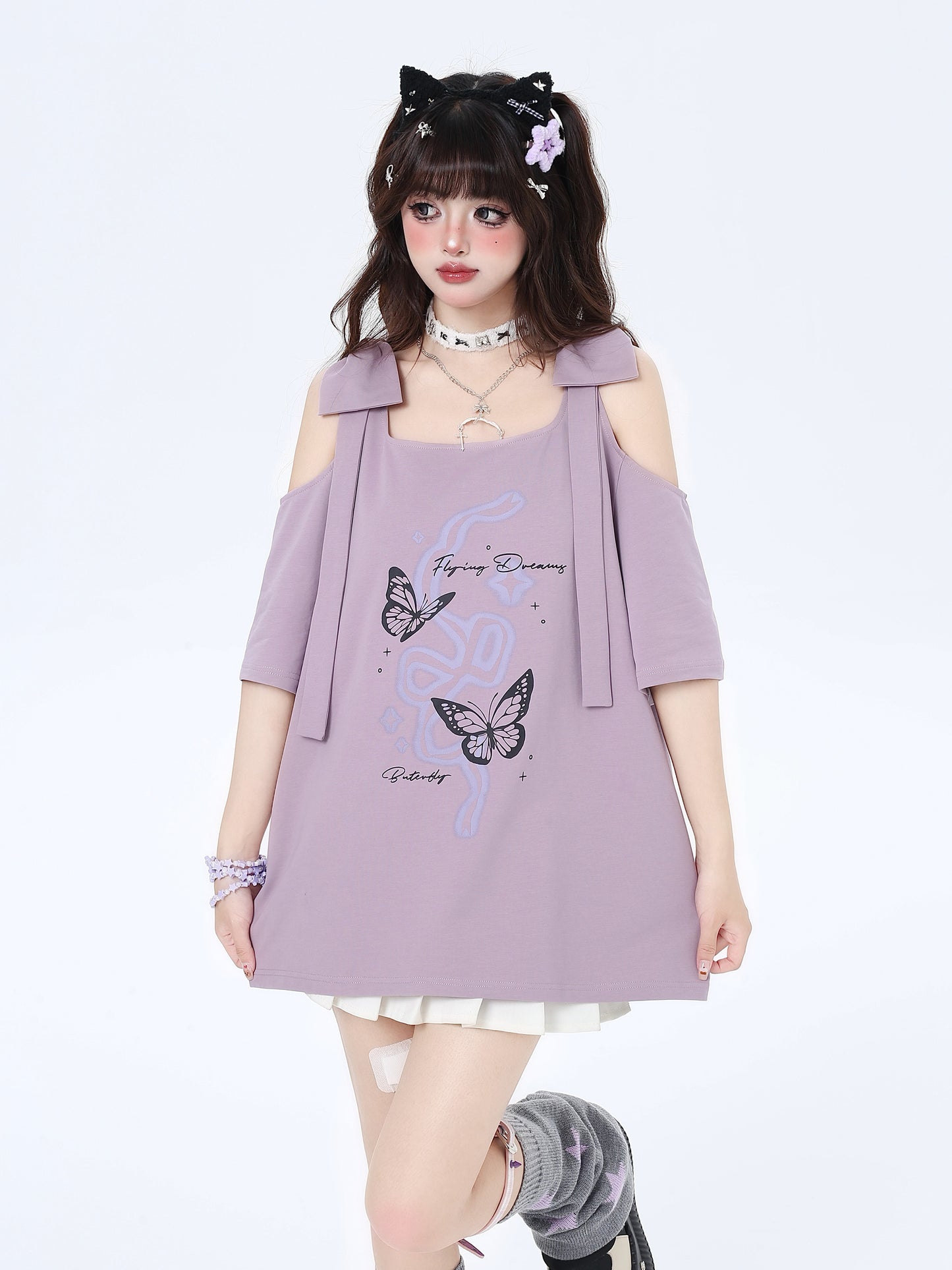 Butterfly Ribbon Shoulder Loose Top