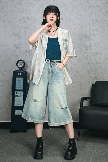 ダメージハーフデニムワイドレッグパンツ