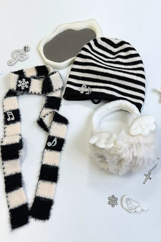 Striped knit hat + ear muffs + scarf