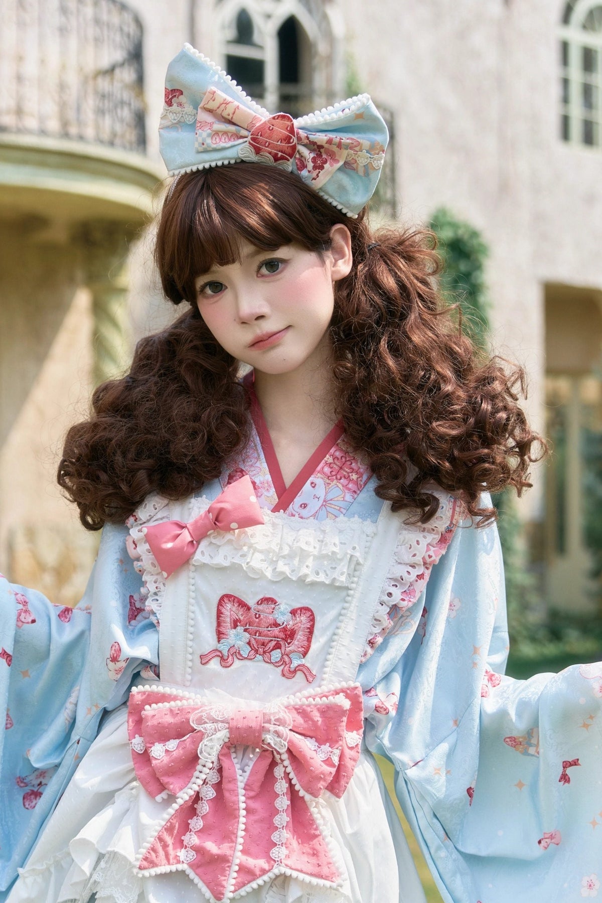 【10月21日予約締切】Pink/Blue Lamb Ear Headband With Detachable Ribbon + Strawberry Embroidered Ribbon KC