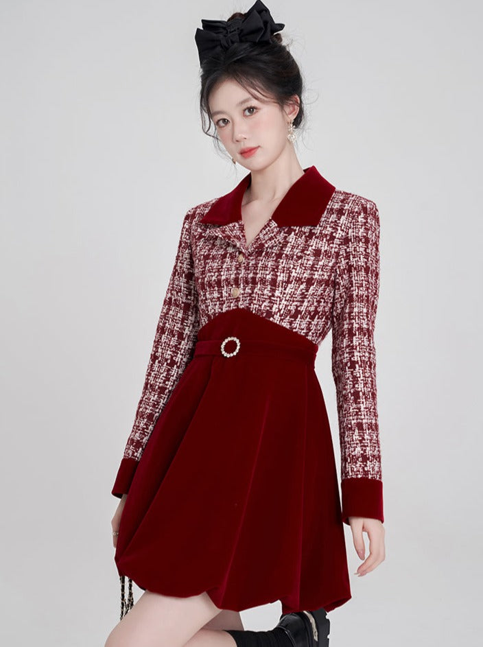 French V-Neck Ribbon Tweed Dress