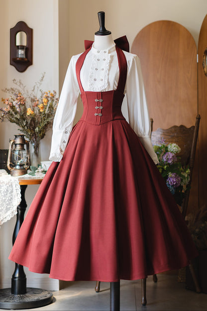 【予約商品】レトロエレガントクラシックホルターリボンスカート＋フリルシャツ＋ショートジャケット