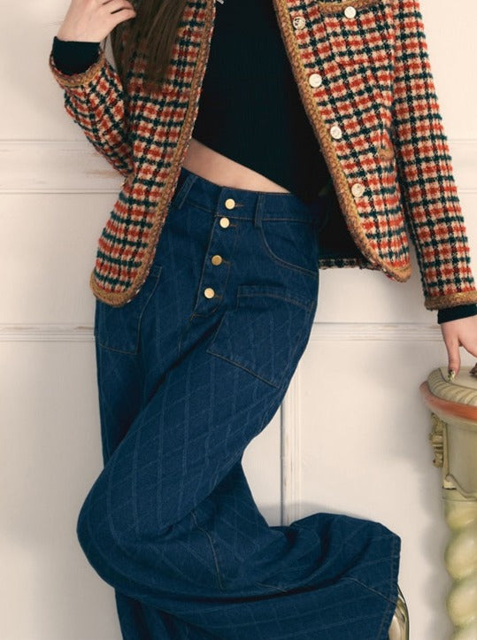 Retro Diamond Pattern Wide Leg Jeans