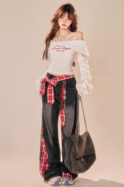 Patchwork check Wide leg jeans