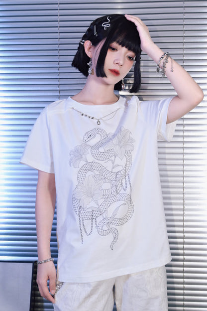 チャイナデザインチェーンホワイトプリントTシャツ