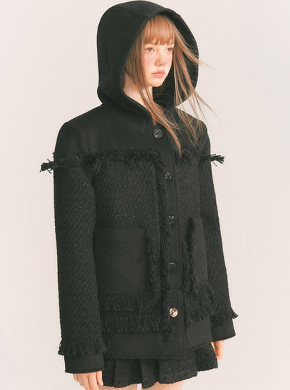 Fringe Straight Loose Hooded Wool Jacket