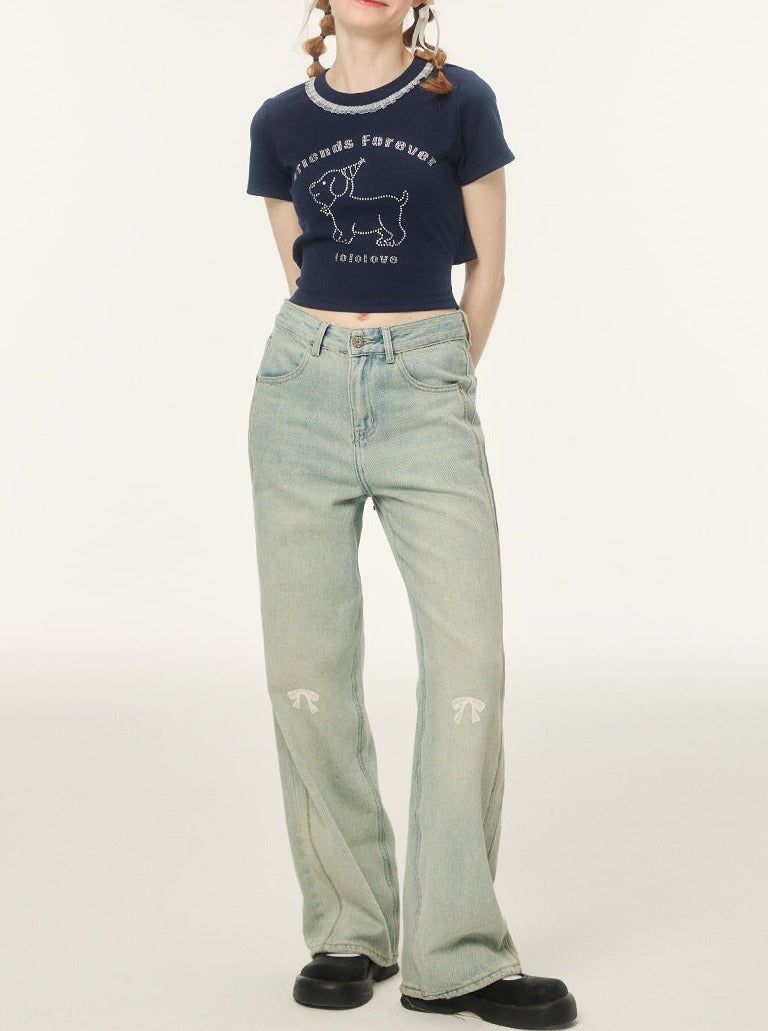 Pointed ribbon design loose denim pants