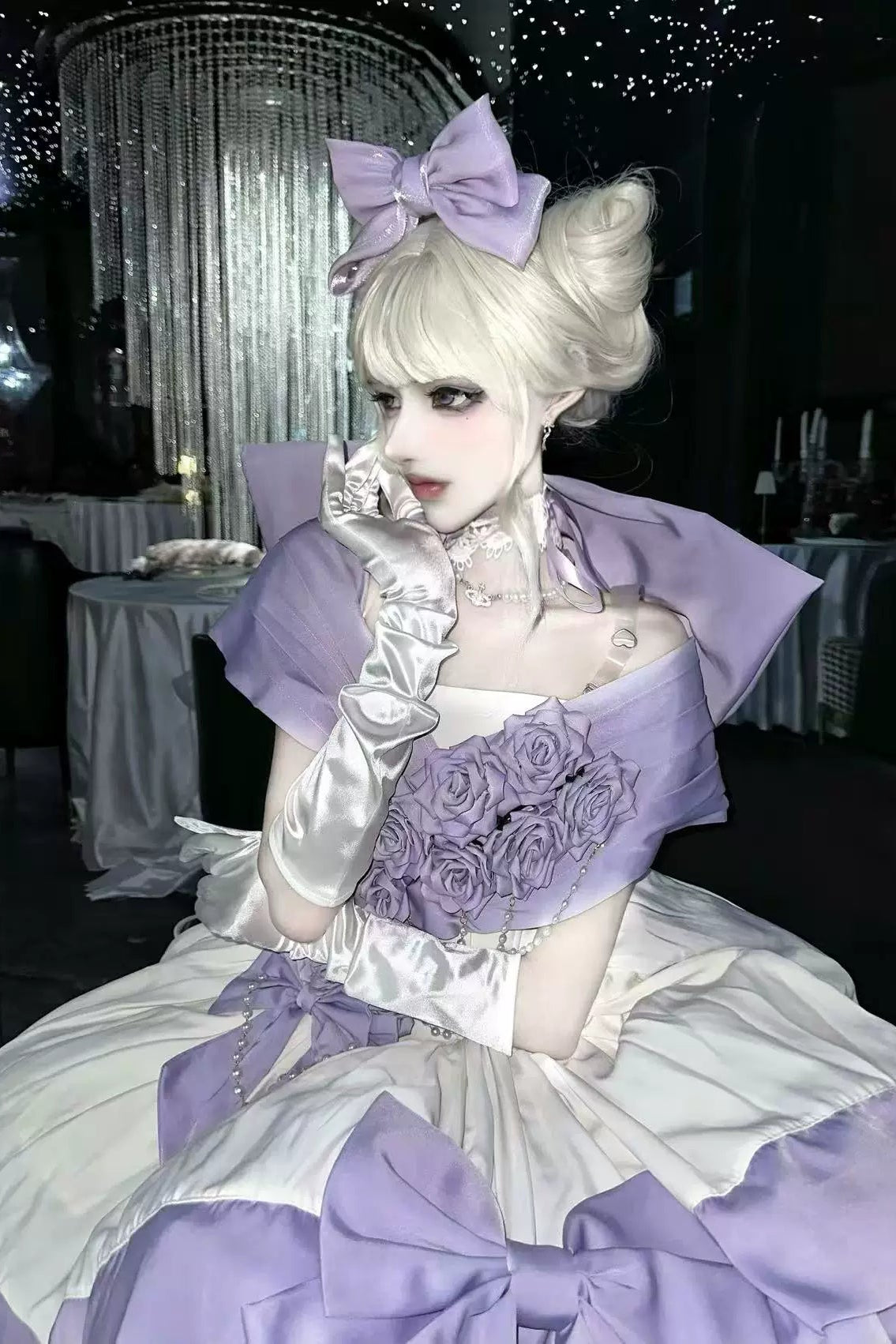 [Vorbestellfrist 28. Juni] Lila-weißes schulterfreies Princess-Lolita-Kleid mit Rosenband + Komplettset + Accessoires