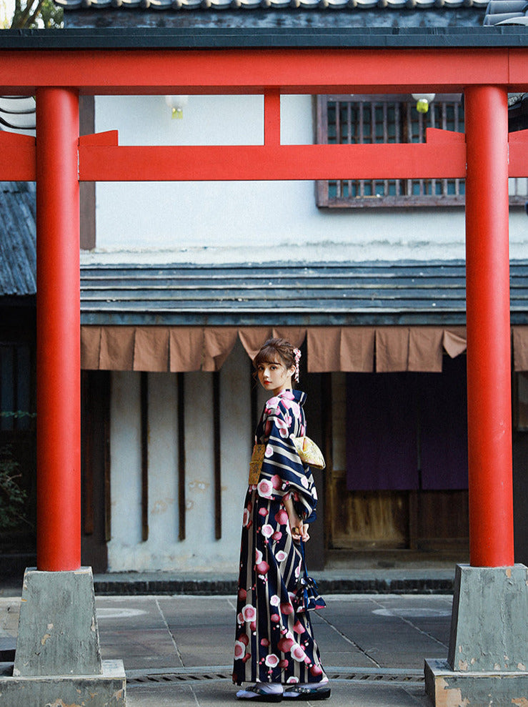 Ensemble 5 pièces de yukata féminin Taisho Roman cherry blossom