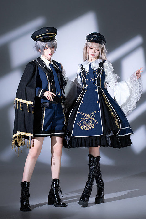 Rot-Schwarz/Blau-Schwarz Dark-Lolita-JKS-Kleid mit goldener Stickerei, Reverskragen, Krawatte und Gürtel mit Hüfttasche