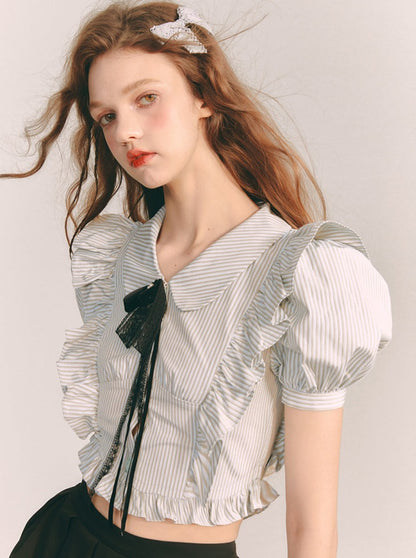 Striped frill lace ribbon shirt