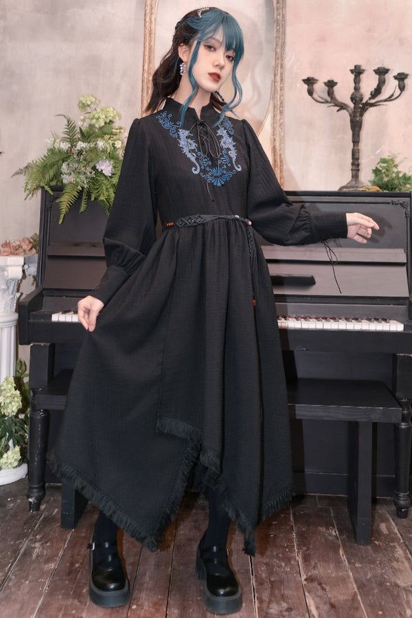 レトロバブルスリーブ刺繍ドレス