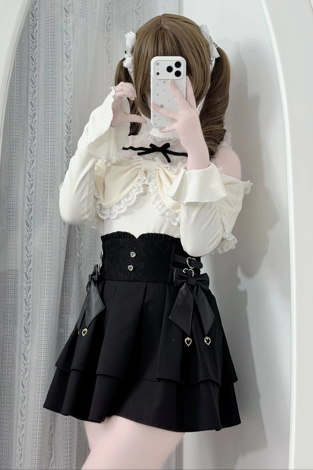 [Pre-order Deadline: October 15] Romantic White Bow Sheer Lace Off-Shoulder Knit Top + Black Bow Lace Layered Mini Skirt