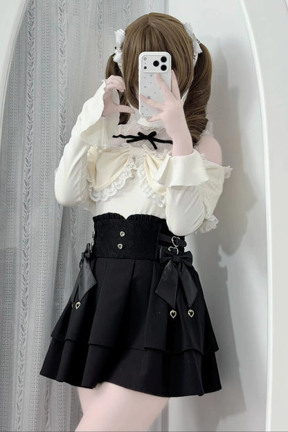 [Pre-order Deadline: October 15] Romantic White Bow Sheer Lace Off-Shoulder Knit Top + Black Bow Lace Layered Mini Skirt