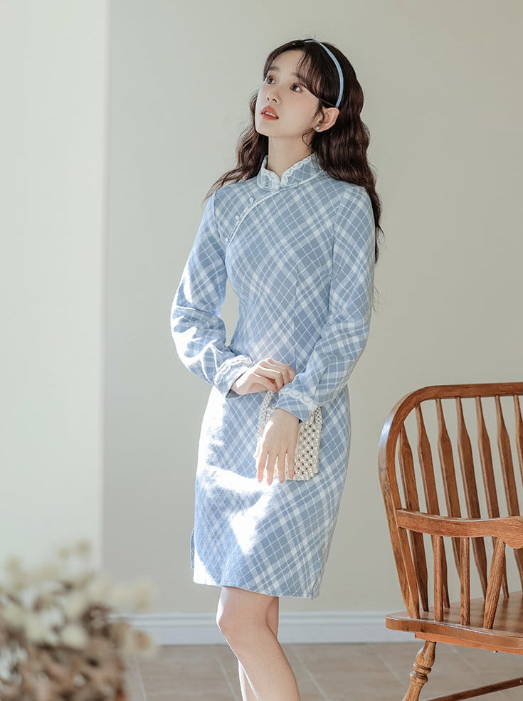 Retro China Girly Check Dress + Short Knit Cardigan