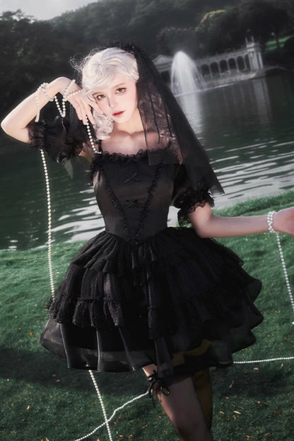 Dark Black Lolita Dress + Inner + Suspender Dress + Veil + Hairband + Belt + Sleeves