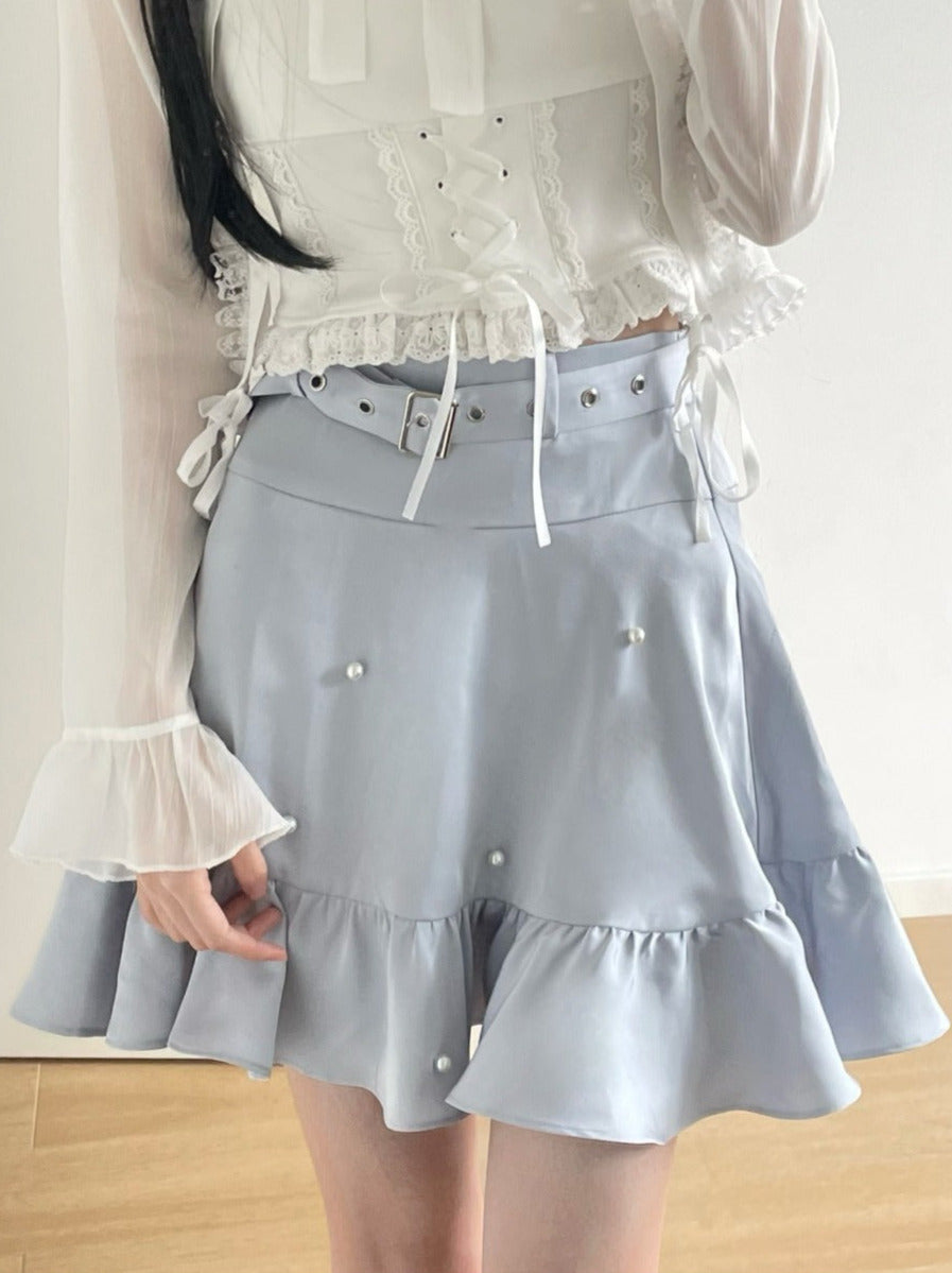 Sheer Pearl Ribbon Jacket Cami Skirt Girly Setup