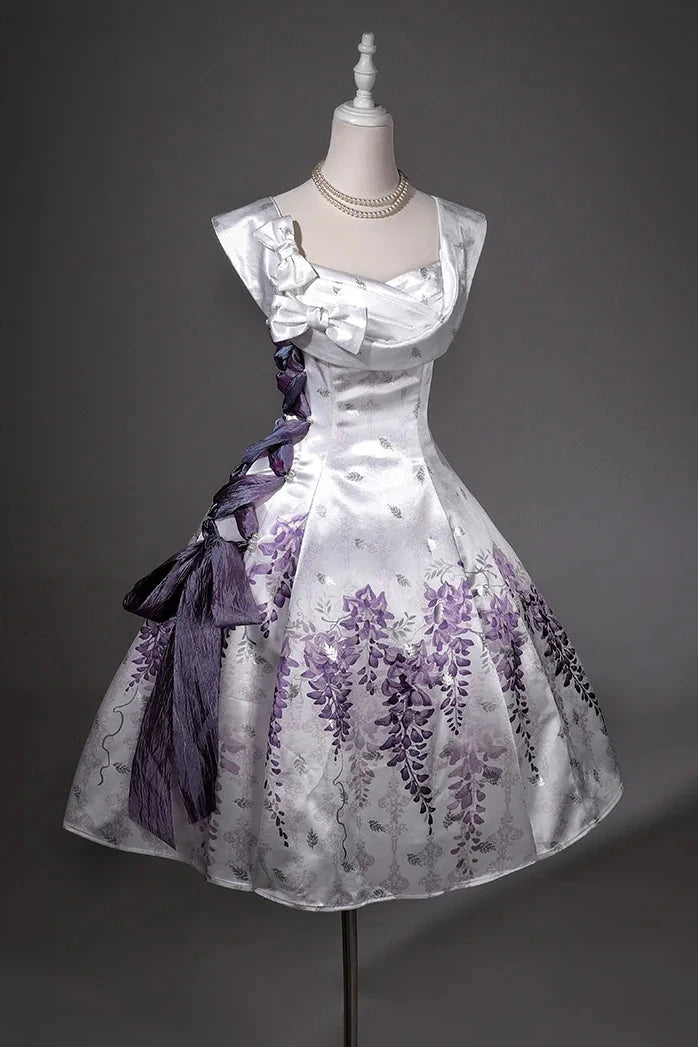 【10月4日予約締切】Black Purple/White Purple Floral Elegant Lolita Satin Side Ribbon Dress