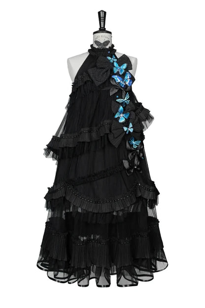 [Pre-order Deadline: October 14] Black/White Gothic Lolita Blue Butterfly Bow Tulle Ruffle Layered Halter Dress