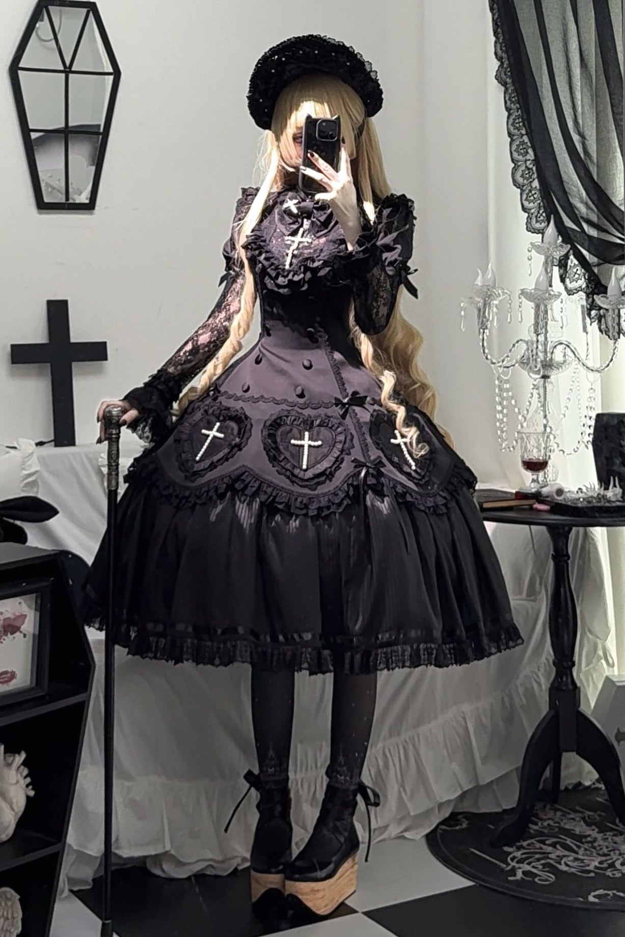 【12月12日予約締切】Night Crossダークエレガントゴシックロリータジュエルリボンケープ＋ロングドレスセット