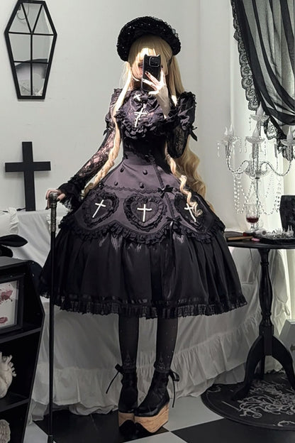 【12月12日予約締切】Night Crossダークエレガントゴシックロリータジュエルリボンケープ＋ロングドレスセット