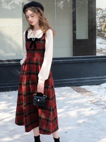 French Check Suspender Skirt + Pure White Blouse