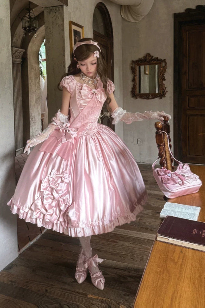 [Pre-order Deadline: August 8] Elegant Silver Satin Lolita Romantic Ribbon Dress Set