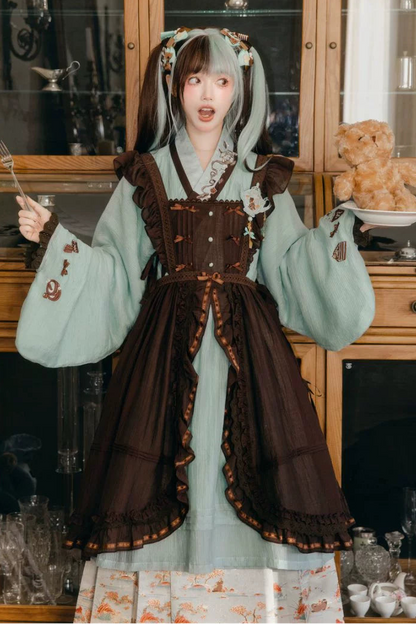 Mint chocolate china top + skirt + long skirt + accessories