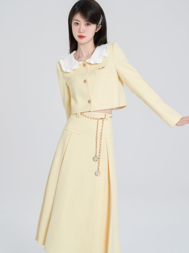 Milky Yellow Short Jacket + Long Flared Skirt