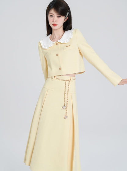 Milky Yellow Short Jacket + Long Flared Skirt