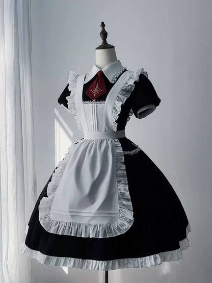 [Précommande jusqu'au 29 avril] Robe Lolita Gothic en dentelle noir x blanc avec cravate rouge Type A/B