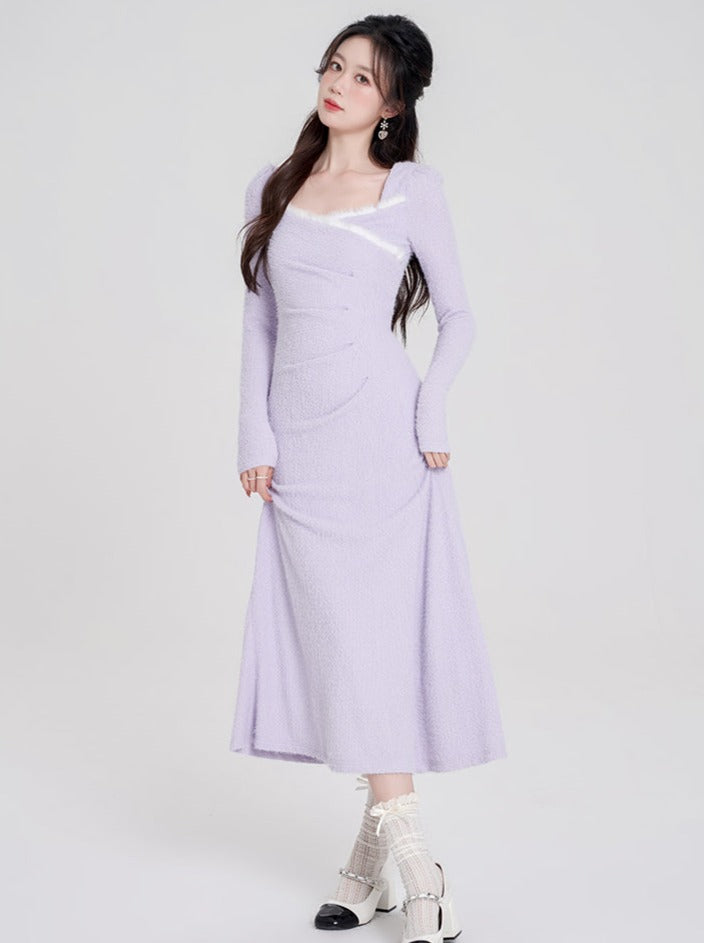 Sweet Purple Square Neck Slim Long Dress