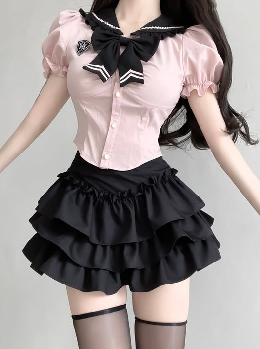Ochajia sweet tea custard American sweetheart hot girl dress suit college pure desire high-waist cake puffy short skirt