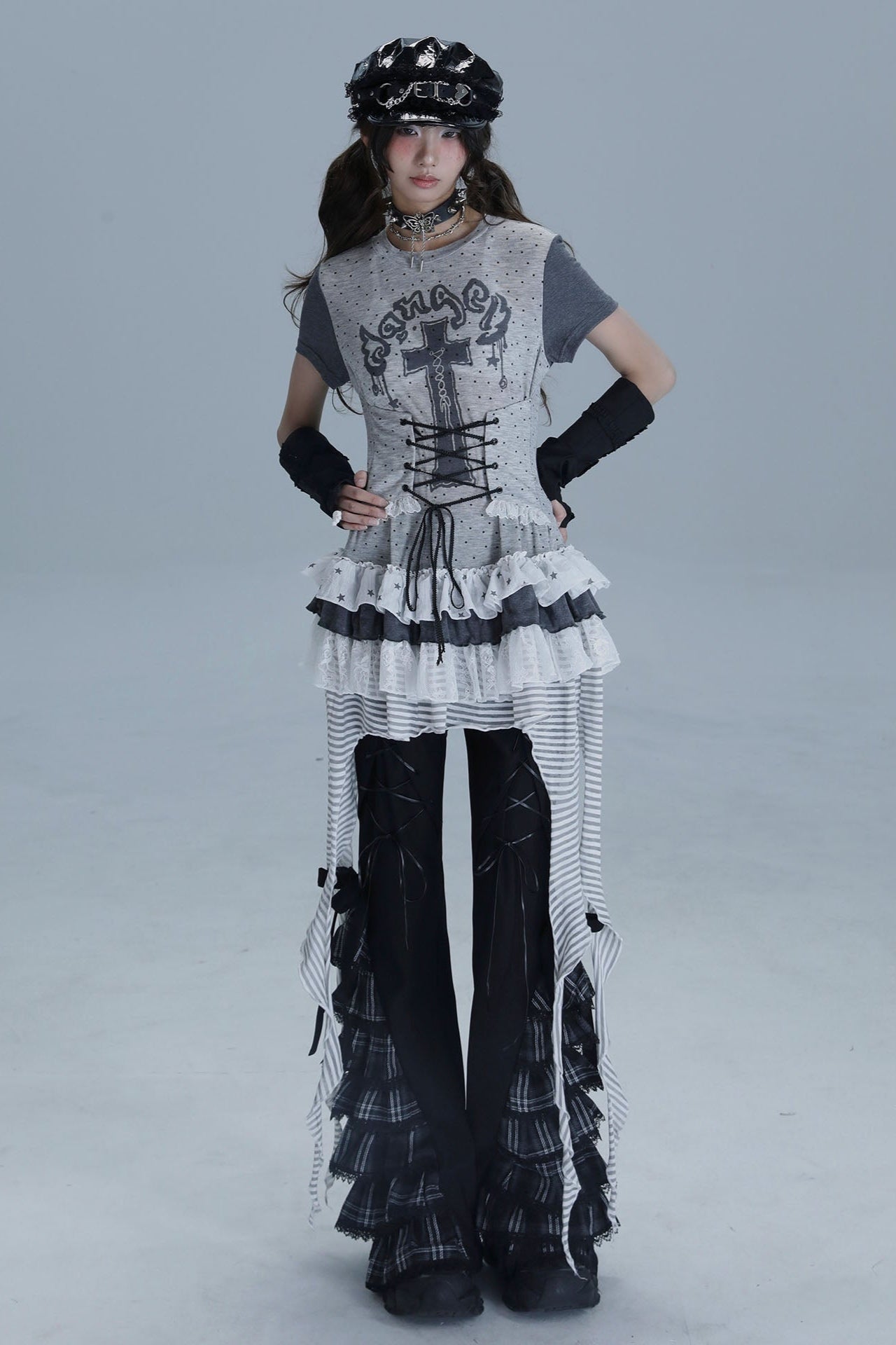 wsw bodyless [tear garden] original design niche Asian sub-length T-shirt irregular lace skirt top