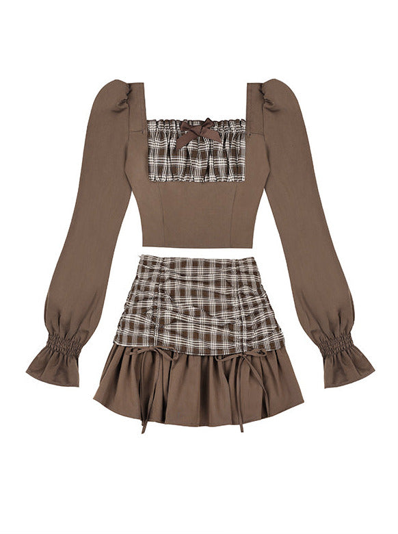 Princess Style Romantic Check Puff Sleeve Slim Suit