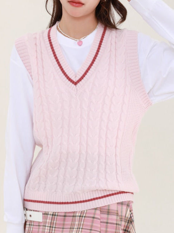 Cable V-neck twisted knit vest