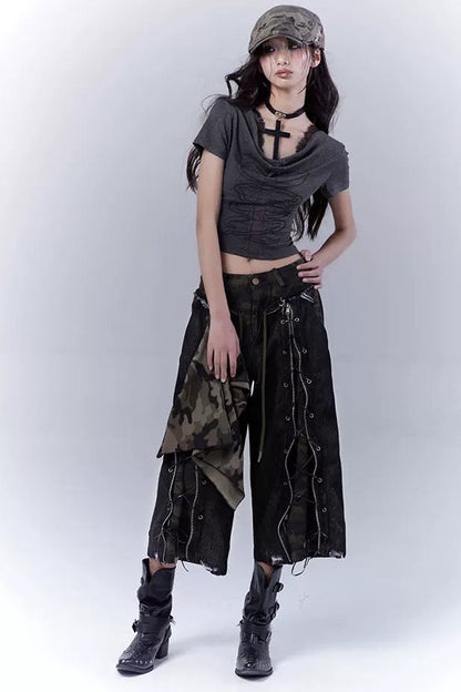 カモフラージュディストレストクロップドパンツ+スカーフ