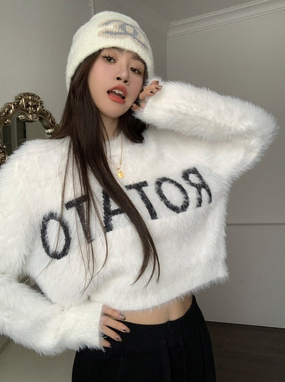 Logo soft fur knit top