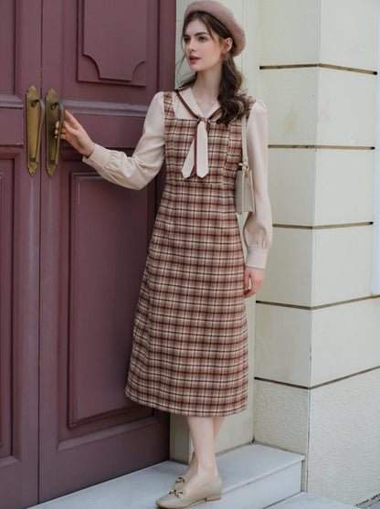 Queen Maillard French Retro Faux Retro Faux Two Piece Wool Check Dress