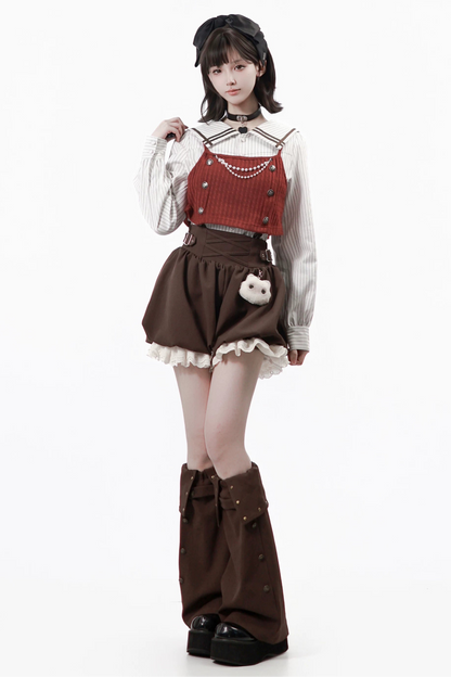 フードトップス+シャツ+スカート+レッグウォーマー+ベスト