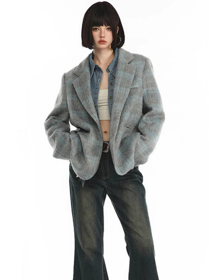 Trendy wool check retro loose jacket