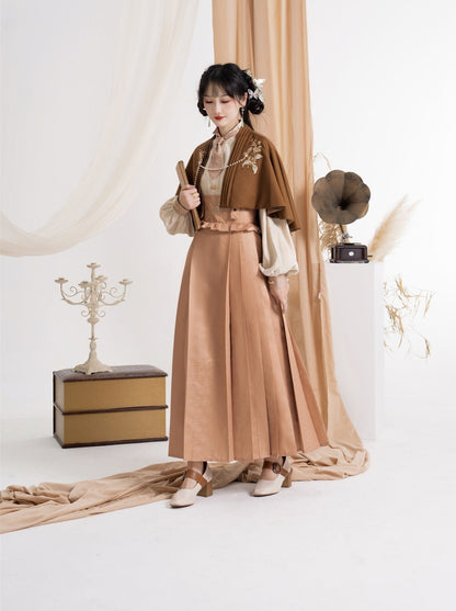 Retro china cape + blouse + high-waisted pleated skirt