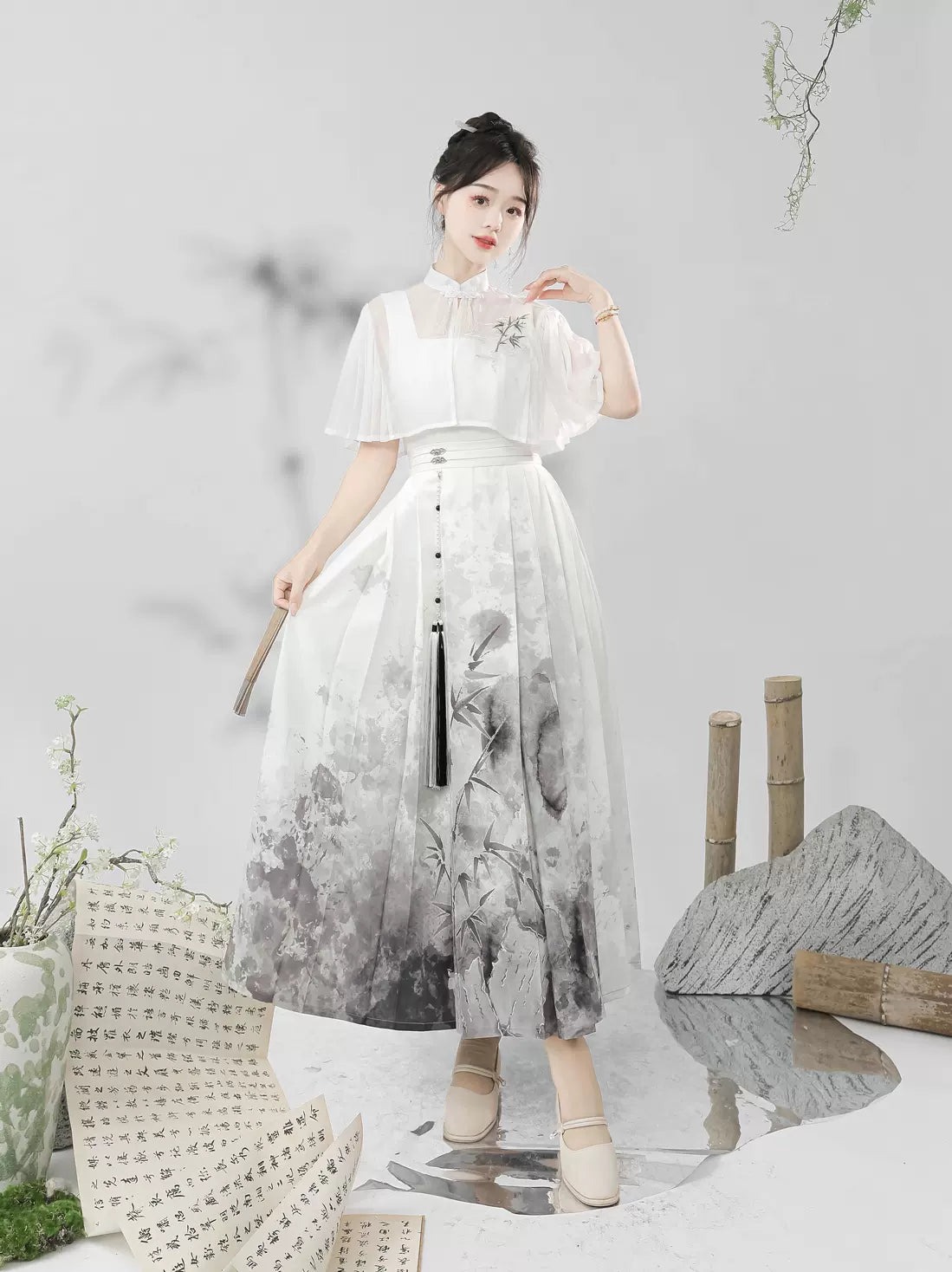 China Ink Gradient Print Suspender Skirt Top Suit